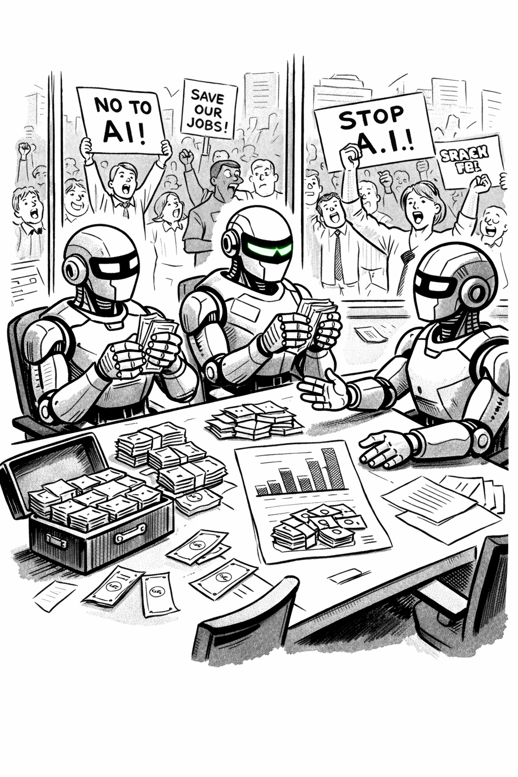 Robots counting money while humans protest
