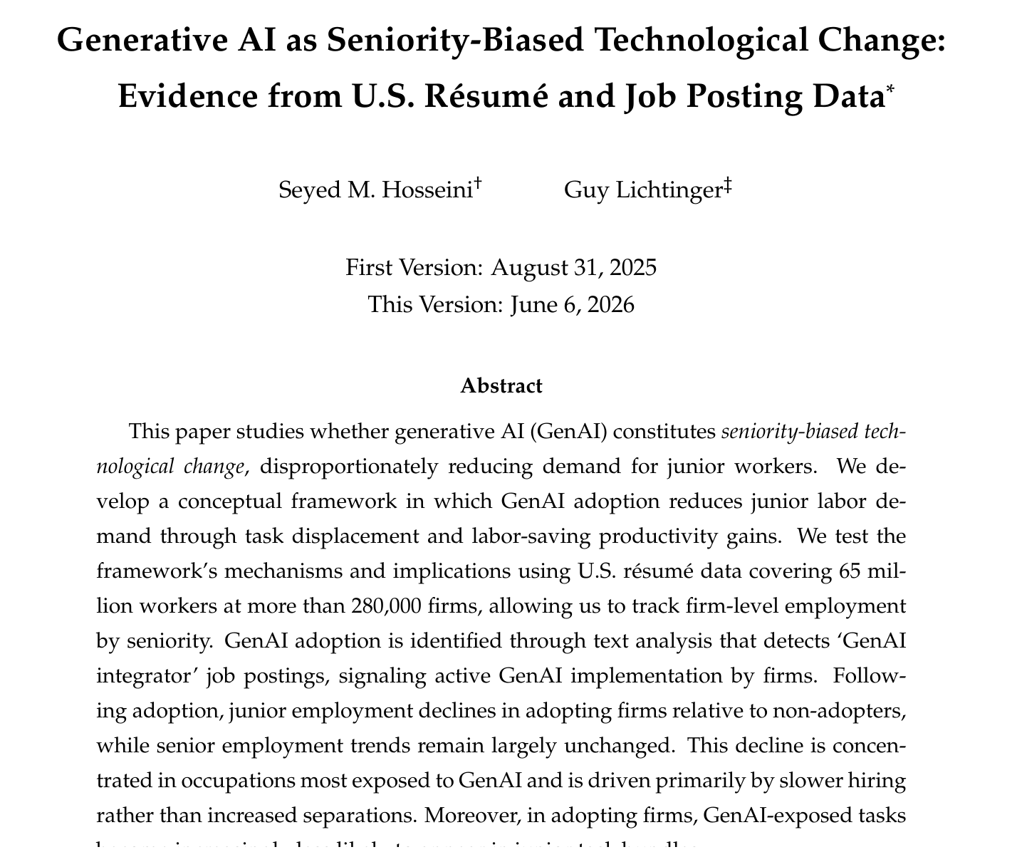 Title, authors, and abstract of Hosseini and Lichtinger, &ldquo;Generative AI as Seniority-Biased Technological Change&rdquo;