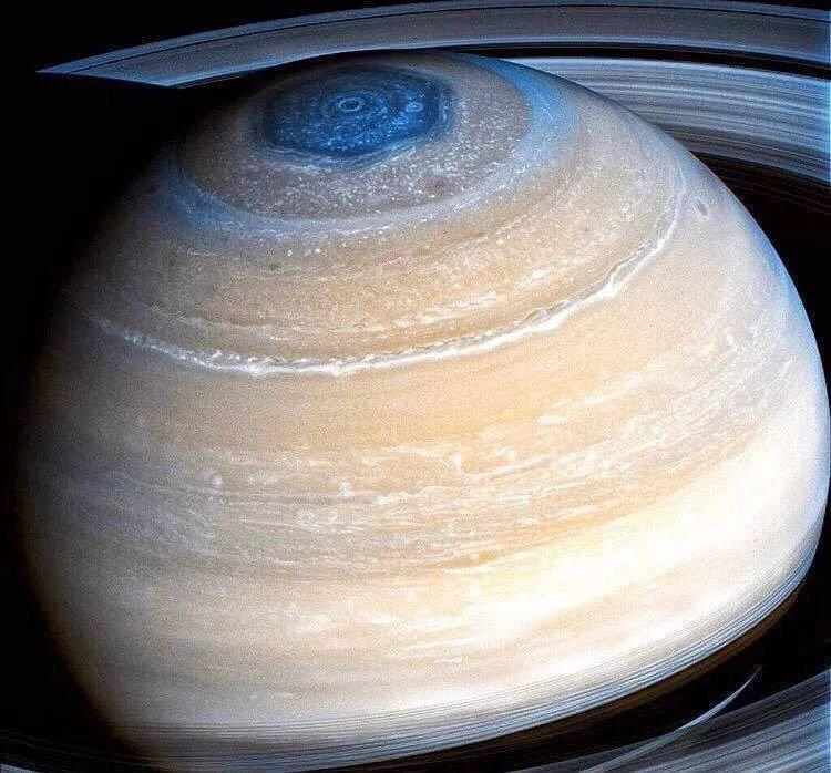 Saturn’s north polar hexagon, with the rings behind, imaged by Cassini