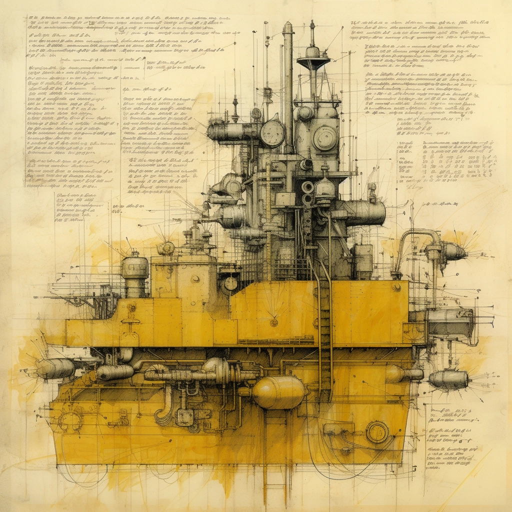 Dieselpunk warship schematic. Made with Midjourney.